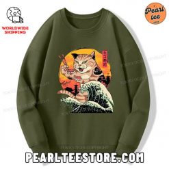 CatZilla Eating Sushi Japanese Wave Sweatshirt Army Green