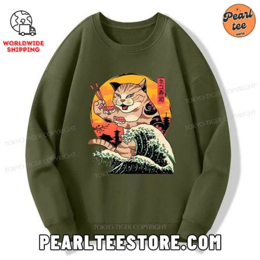 CatZilla Eating Sushi Japanese Wave Custom Sweatshirt