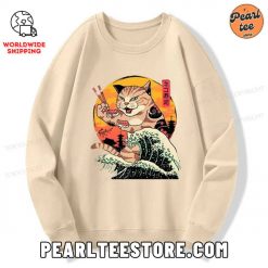 CatZilla Eating Sushi Japanese Wave Sweatshirt Beige