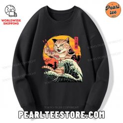 CatZilla Eating Sushi Japanese Wave Sweatshirt Black