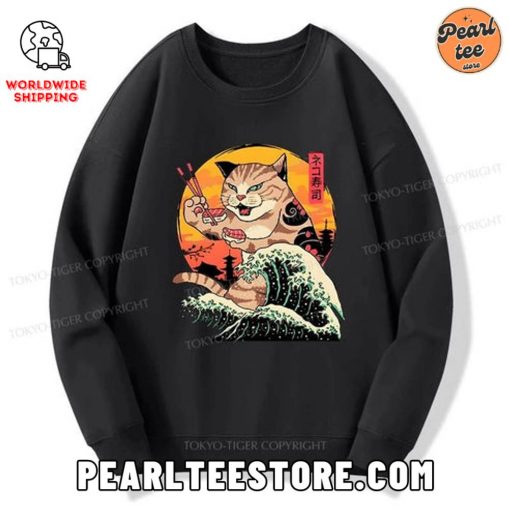 CatZilla Eating Sushi Japanese Wave Custom Sweatshirt