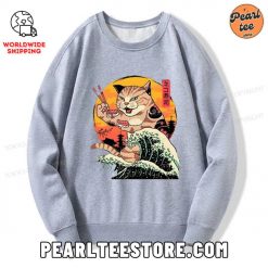 CatZilla Eating Sushi Japanese Wave Sweatshirt Gray