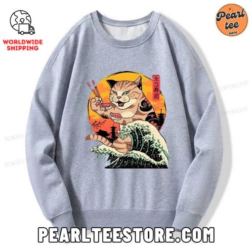 CatZilla Eating Sushi Japanese Wave Custom Sweatshirt