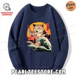 CatZilla Eating Sushi Japanese Wave Sweatshirt Navy