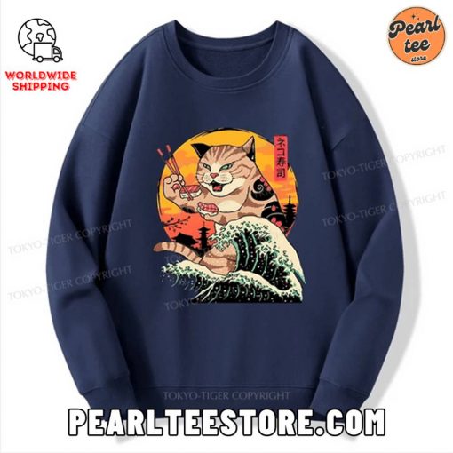 CatZilla Eating Sushi Japanese Wave Custom Sweatshirt