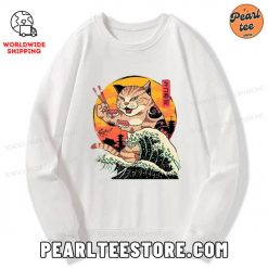 CatZilla Eating Sushi Japanese Wave Sweatshirt White